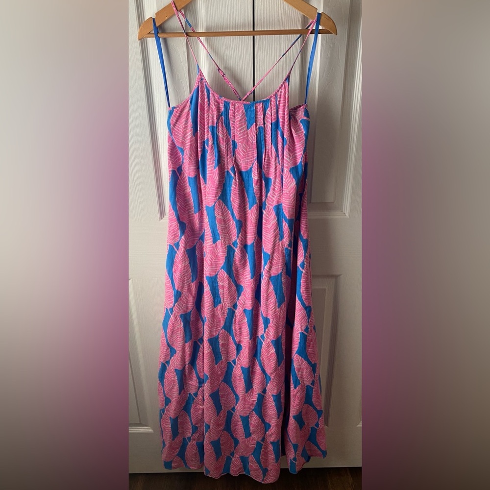 Vineyard Vines Blue‎ Pink Linen Blend Palm Print Tropical Resort Maxi Dress 6